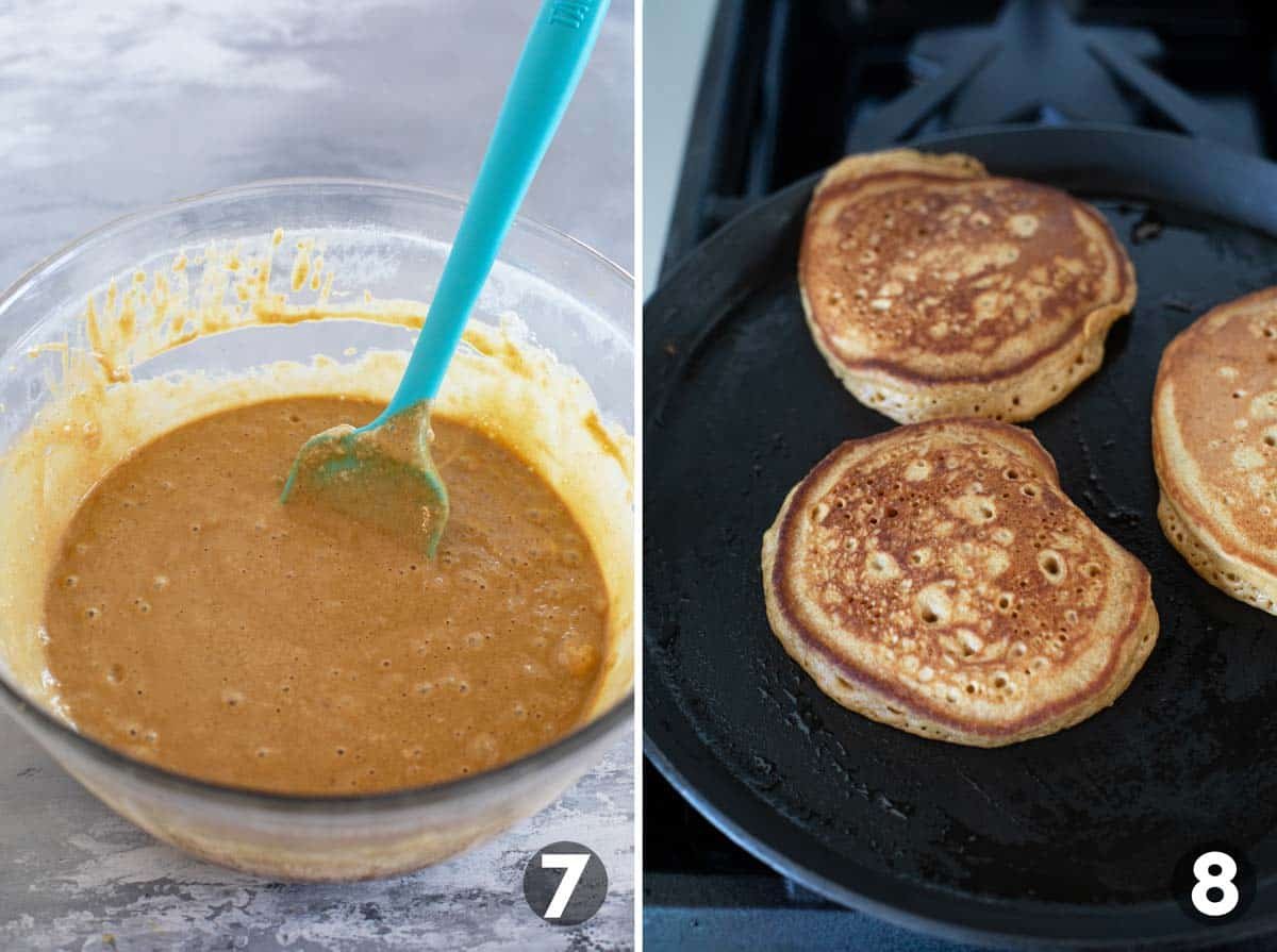 Gingerbread pancake batter, and cooking gingerbread pancakes on a skillet.