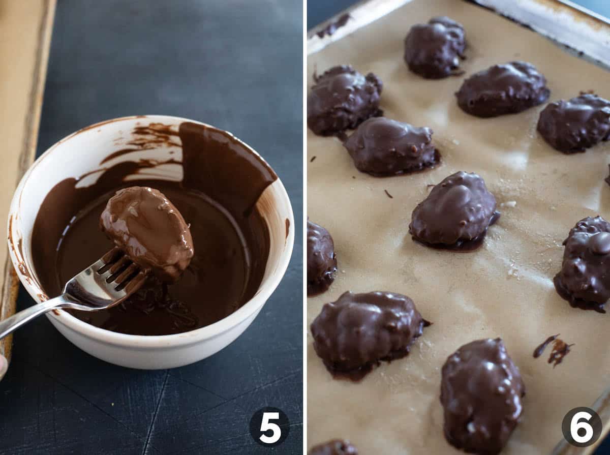 Dipping coconut centers in chocolate and drying on parchment paper.