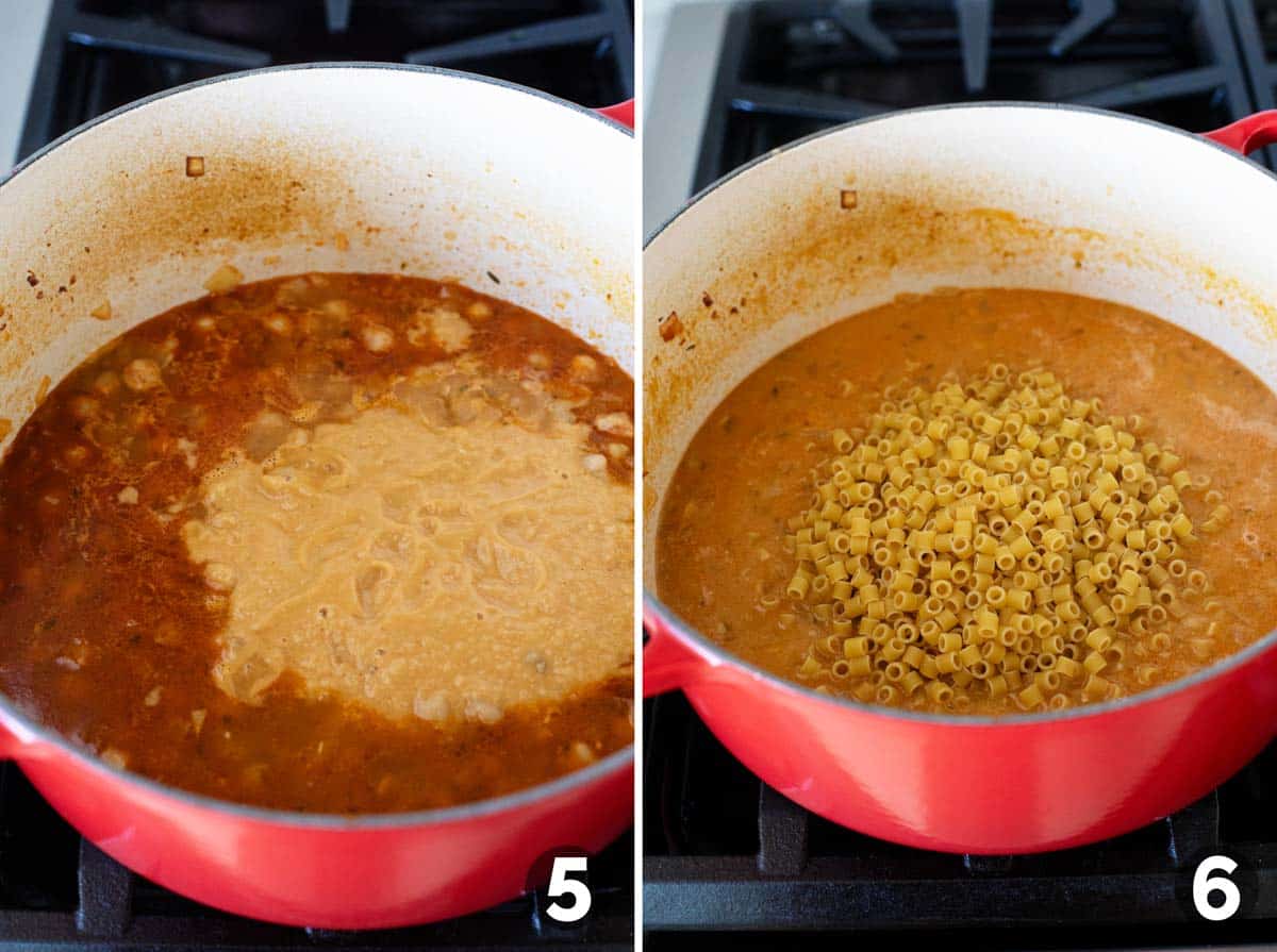 Adding pureed mixture back to soup pot, then adding pasta.