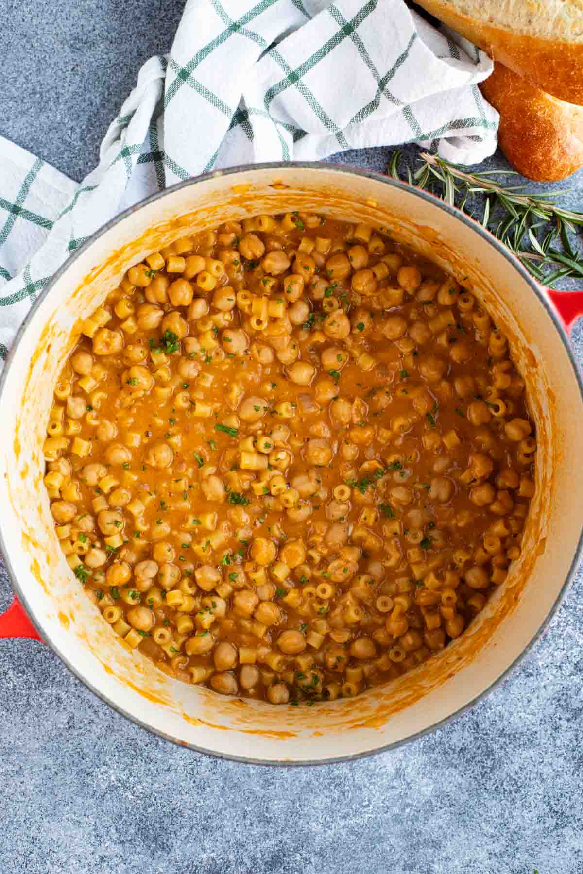 Pot filled with Pasta with Chickpeas.
