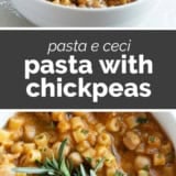 Pasta with Chickpeas collage with text bar in the middle.