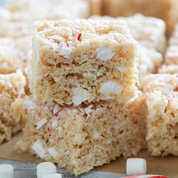 Peppermint Rice Krispie Treats stacked on top of each other.