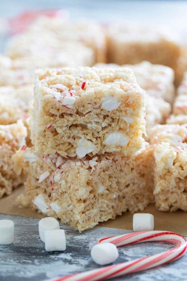 Peppermint Rice Krispie Treats stacked on top of each other.
