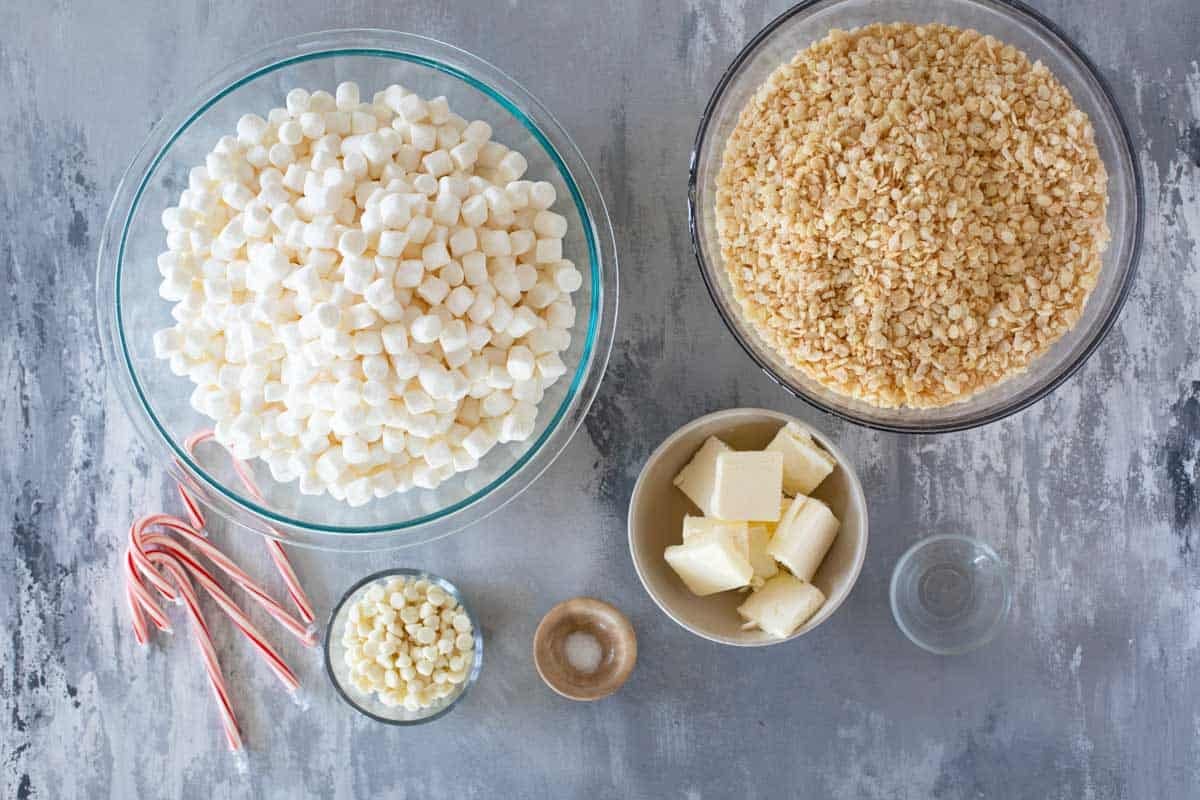 Ingredients for Peppermint Rice Krispie Treats.