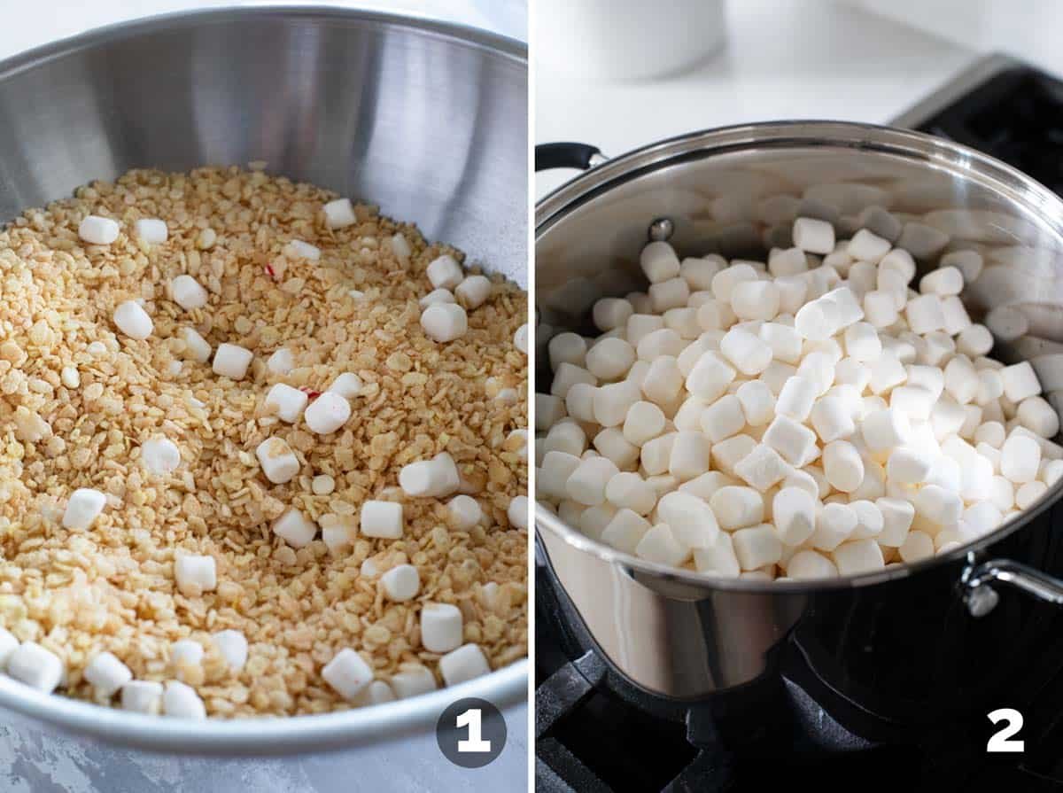 Mixing Rice Krispies, marshmallows, and candy canes and melting marshmallows.