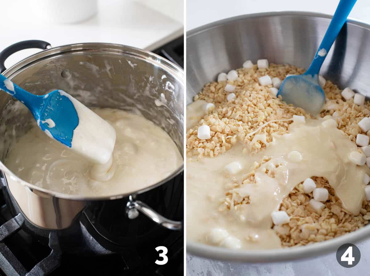 Melted marshmallow mixture, and pouring the mixture over Rice Krispies.
