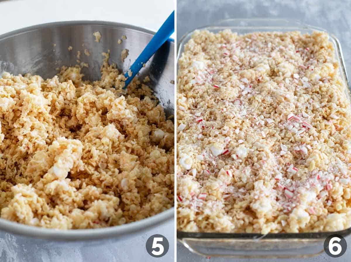 Mixing ingredients together for Peppermint Rice Krispie Treats and pressing into dish.