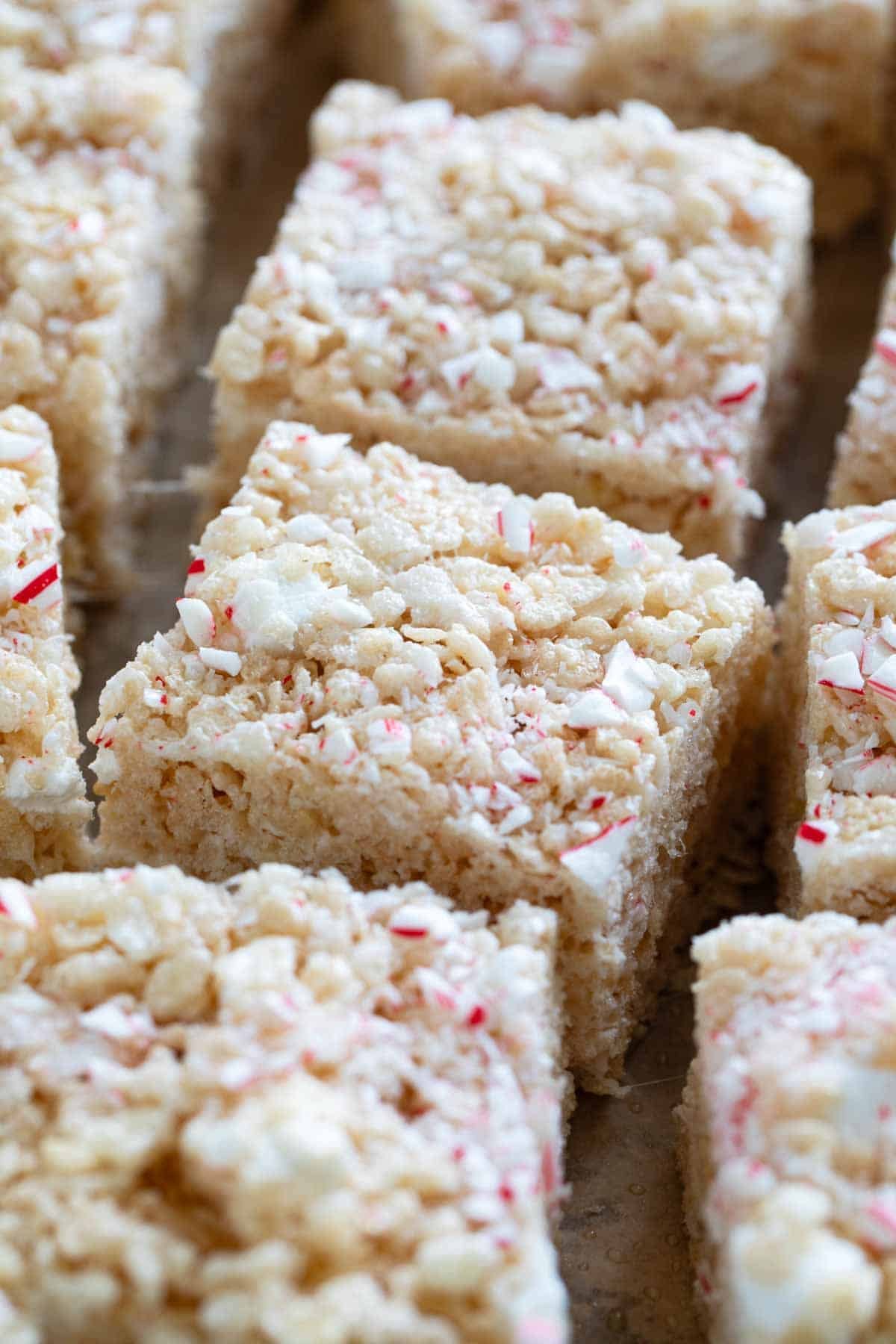 Peppermint Rice Krispie Treats cut into squares.