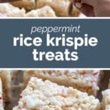 Peppermint Rice Krispie Treats collage with text bar in the middle.