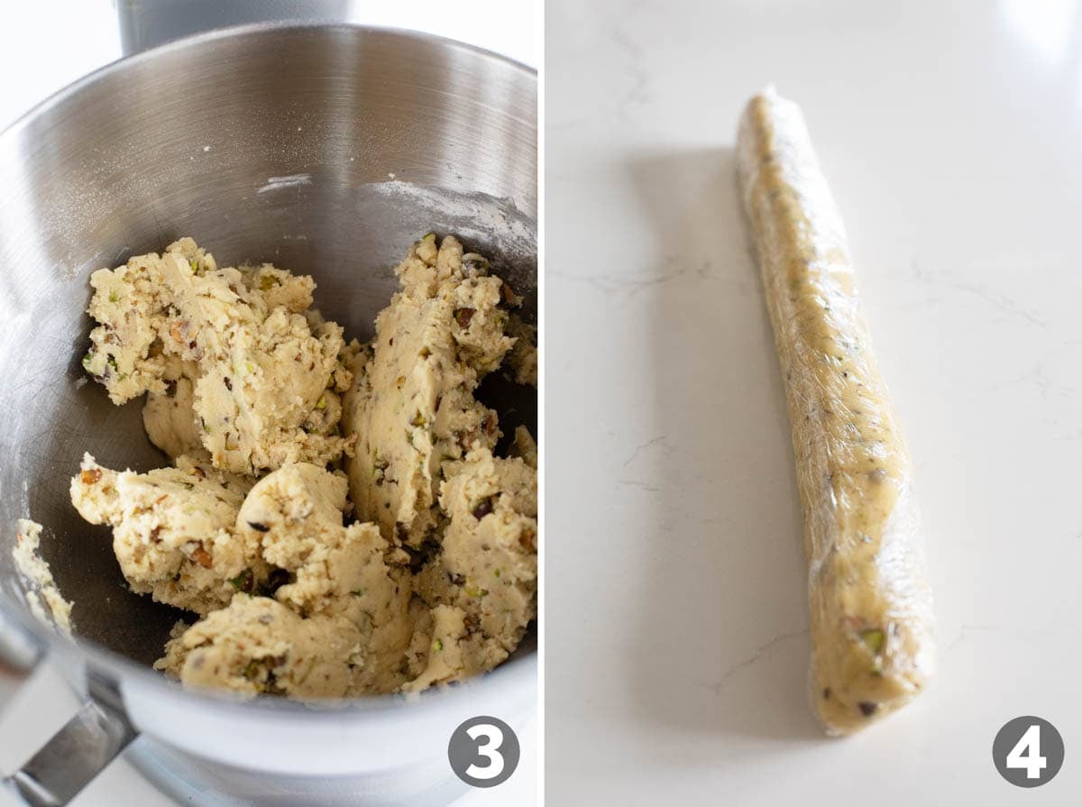Pistachio Cookie dough, and dough shaped and wrapped in plastic wrap.