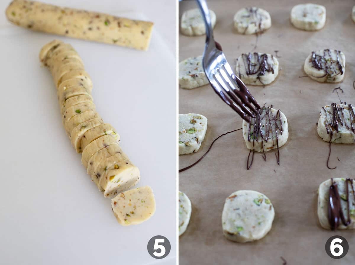 Cutting Pistachio Cookie dough and drizzling baked cookies with chocolate.