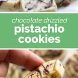 Pistachio Cookies collage with text bar in the middle.