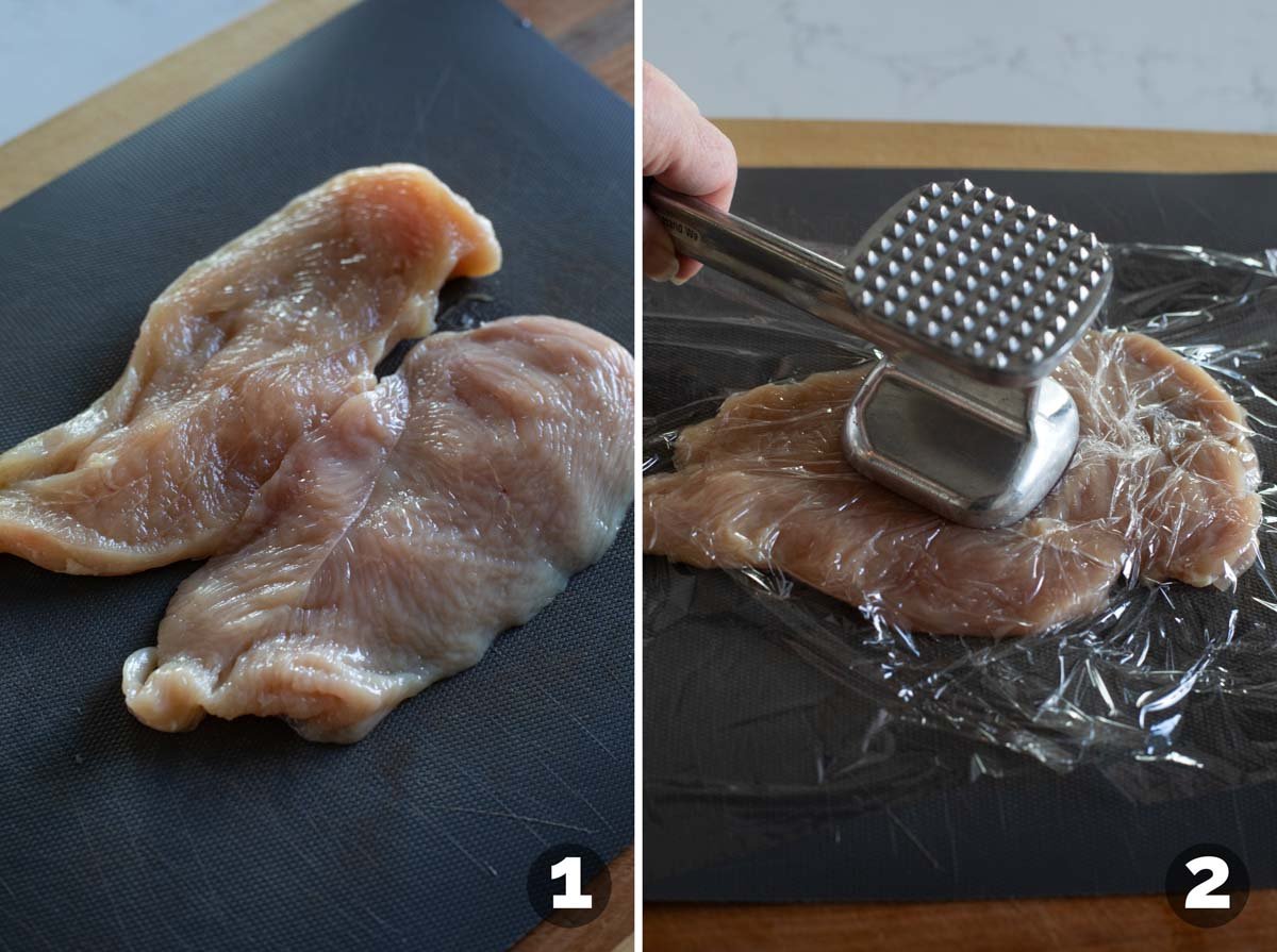 Cutting chicken in half and pounding thin.