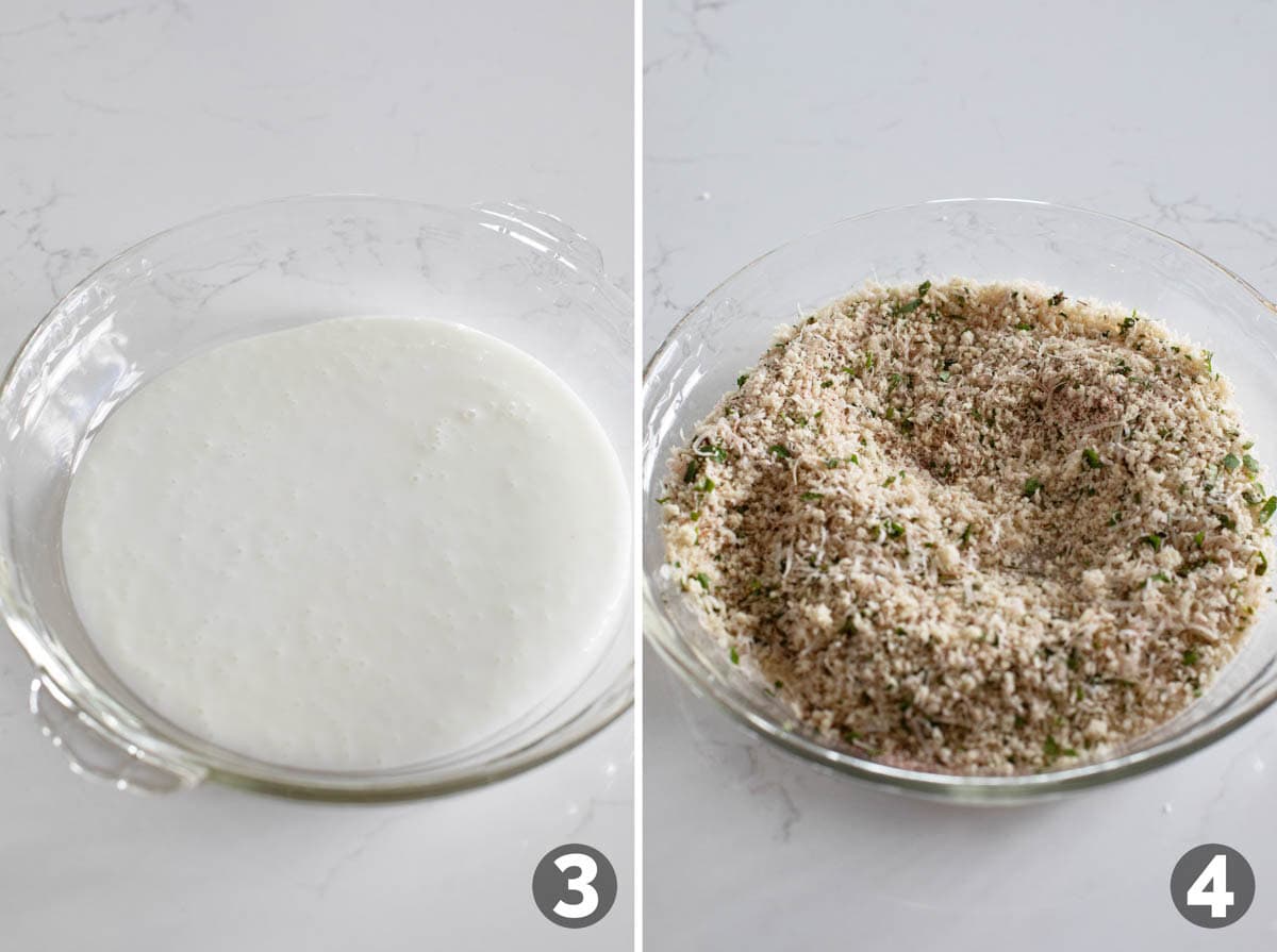 Adding buttermilk into a dish and mixing bread crumbs with herbs in a dish.