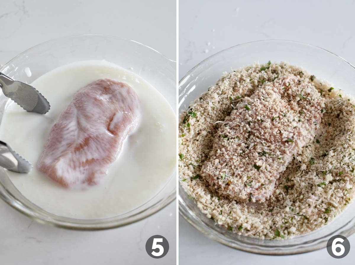 Coating chicken in buttermilk and breadcrumbs.