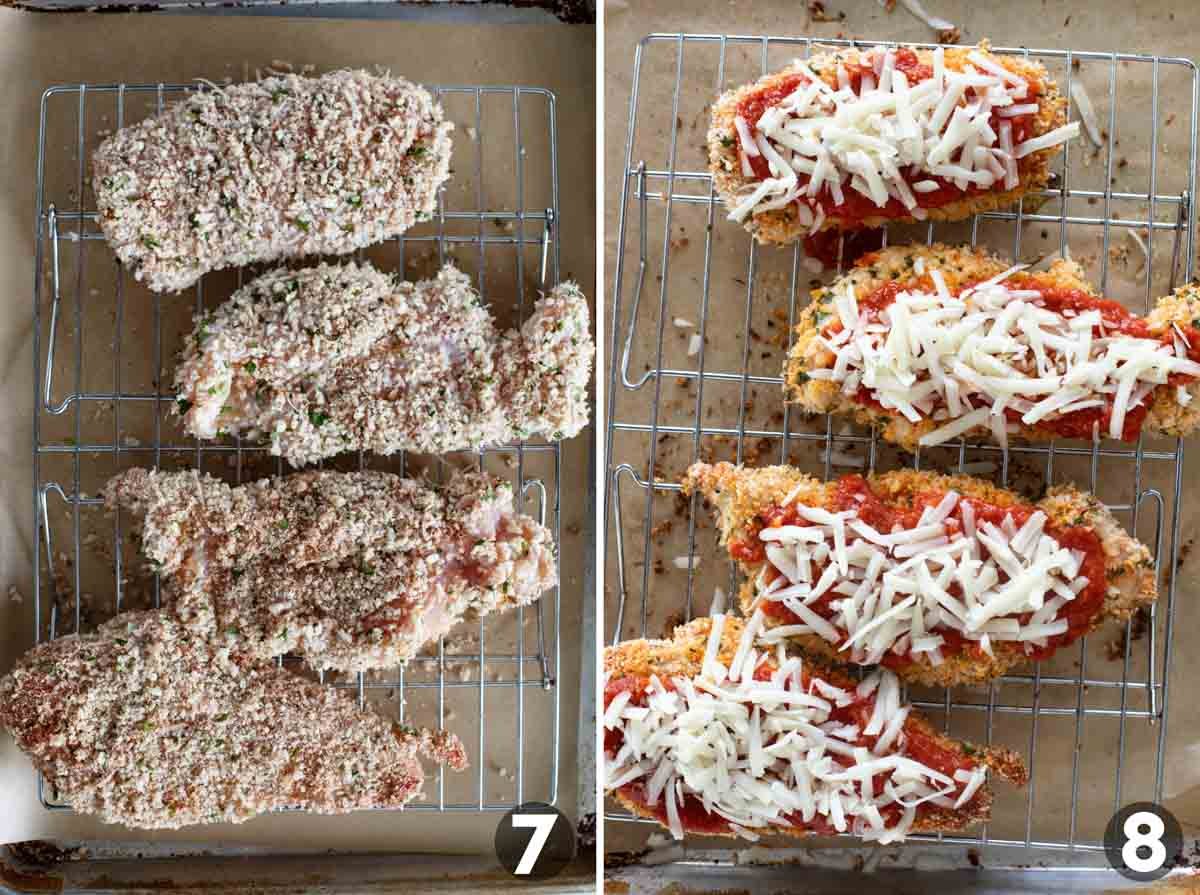 Placing breaded chicken on a cooling rack to bake and then covering with sauce and cheese.