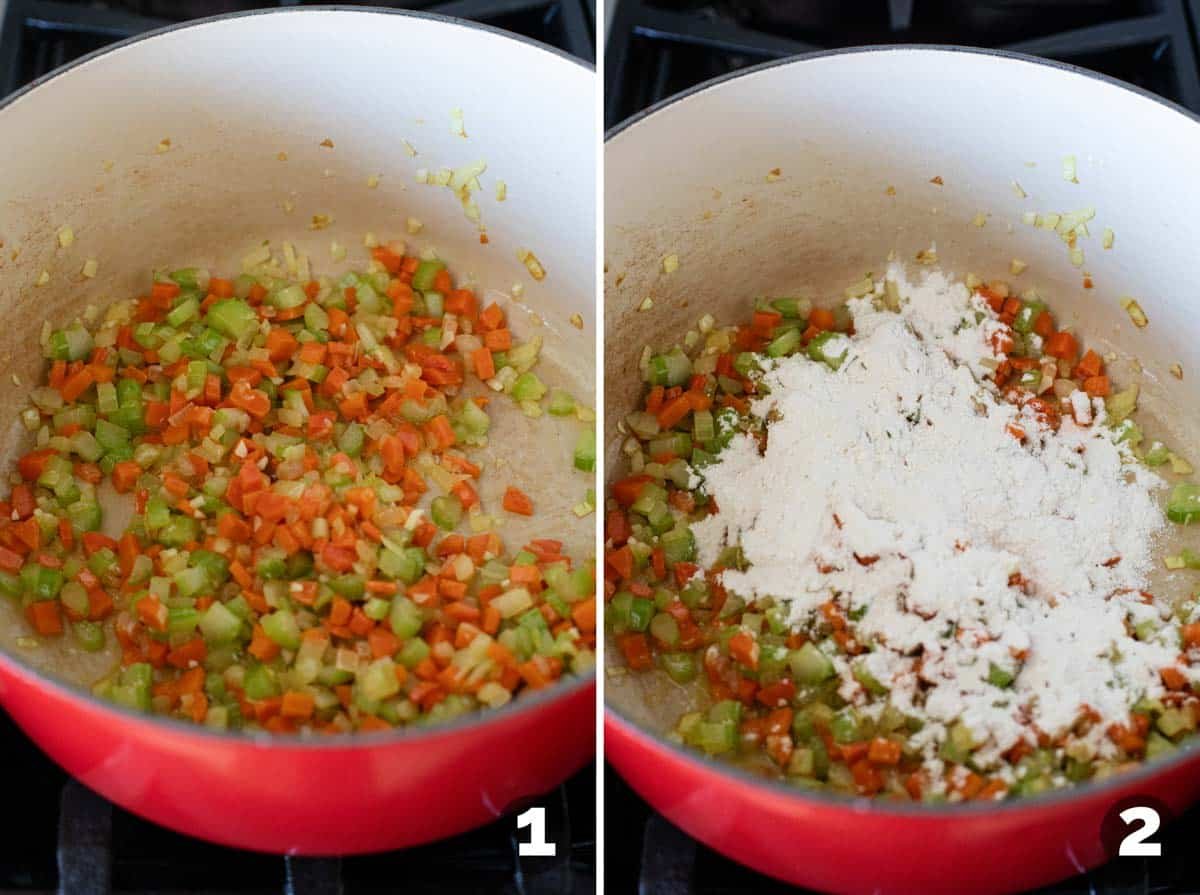 Sautéing vegetables and adding flour for Chicken Pot Pie Soup.