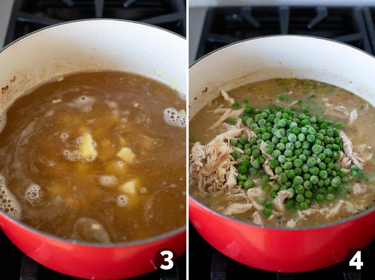 Adding broth, potatoes, chicken and peas for Chicken Pot Pie Soup.