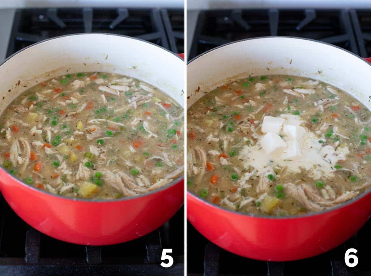 Mixing soup and adding cream cheese and cream.