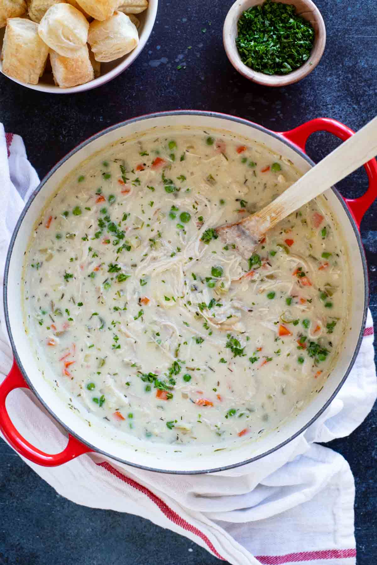 Dutch oven filled with Chicken Pot Pie Soup.