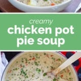 Chicken Pot Pie Soup collage with text bar in the middle.