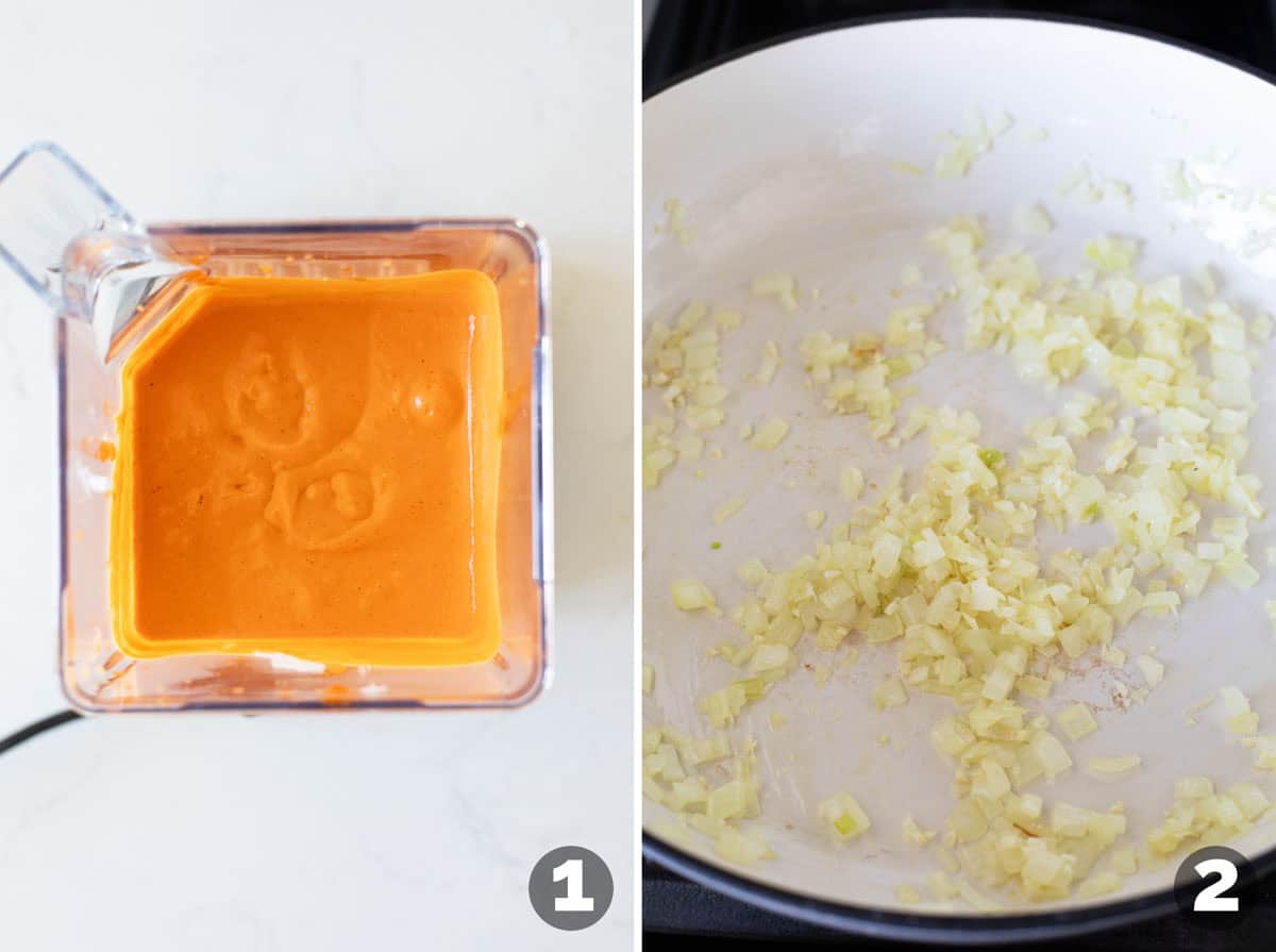 Blending sauce and cooking onions for Cottage Cheese Pasta.