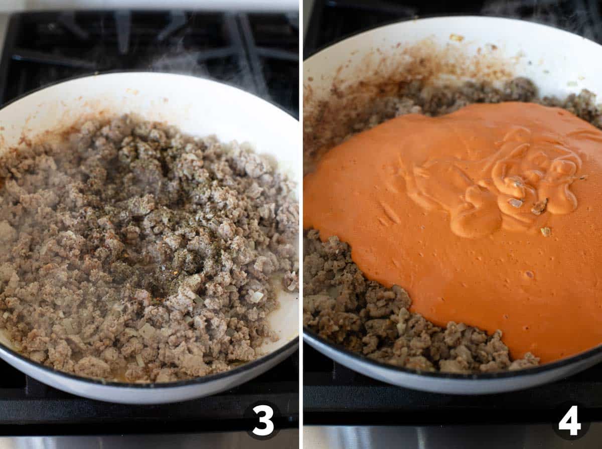 Cooking meat with spices and adding sauce.