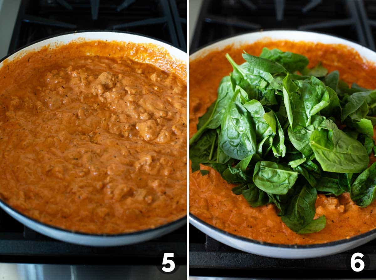 Cooking sauce and adding spinach.