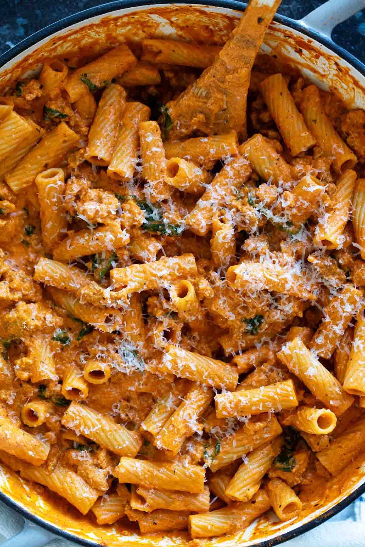 Large skillet filled with Cottage Cheese Pasta.