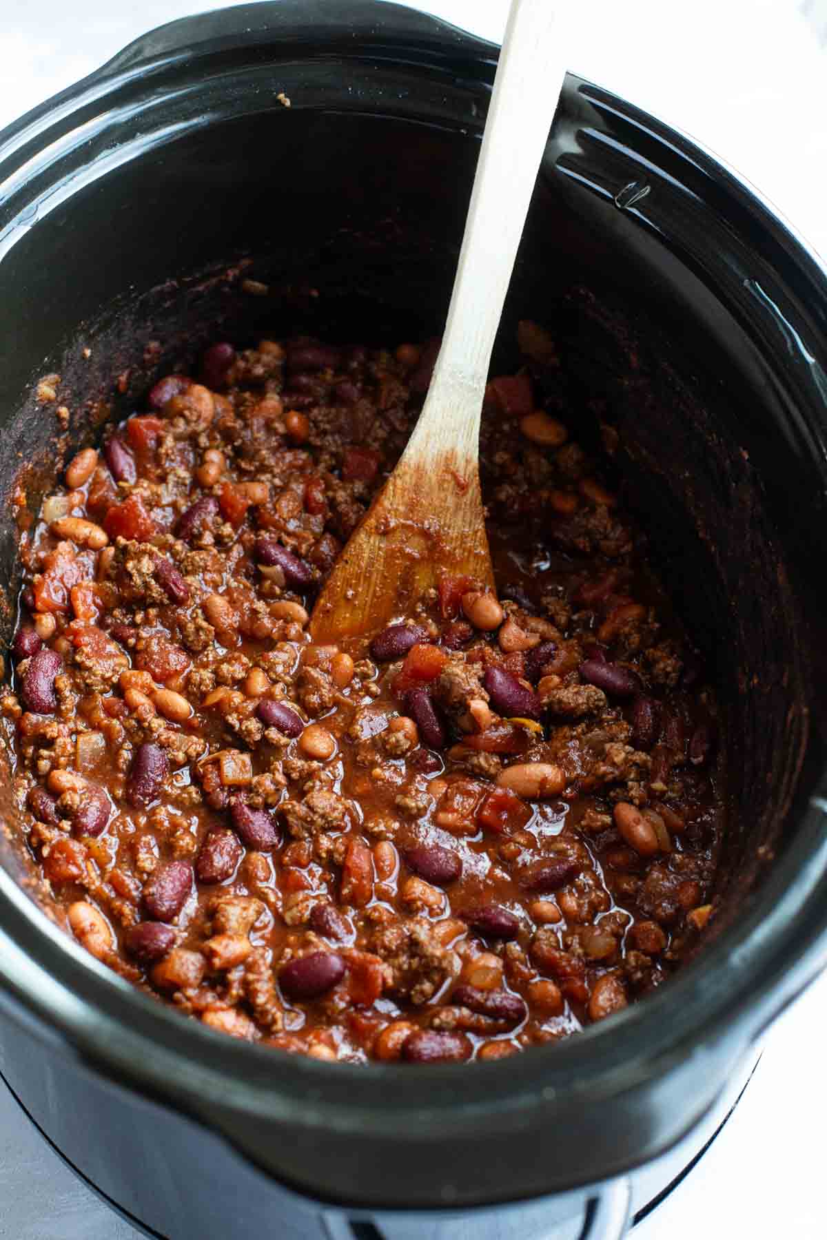 Crock Pot Chili in a crock pot.