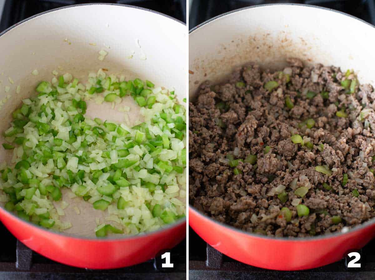 Sautéing vegetables and then adding ground beef and sausage.