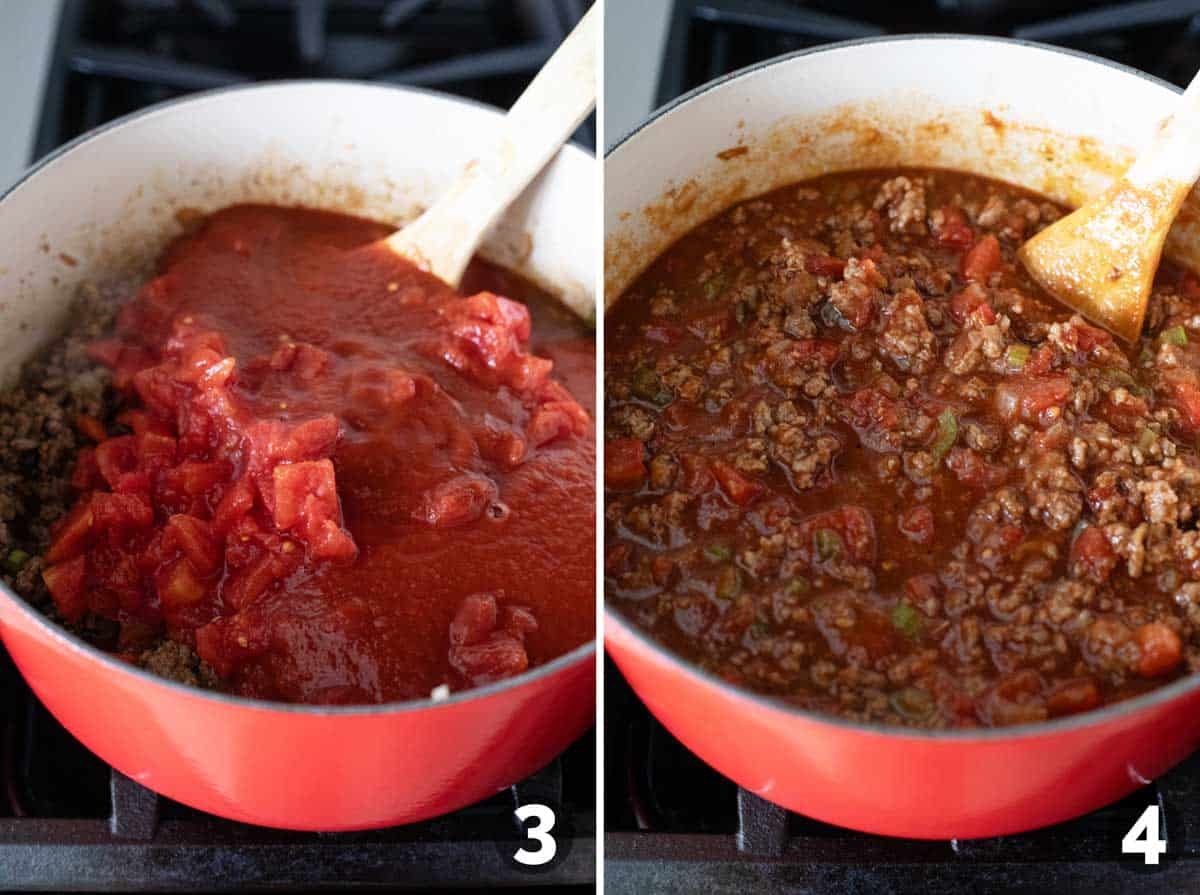 Adding tomatoes to Flatlander Chili.