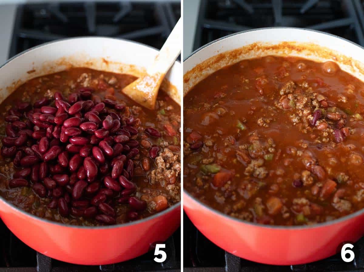 Adding beans to chili and letting the chili cook.