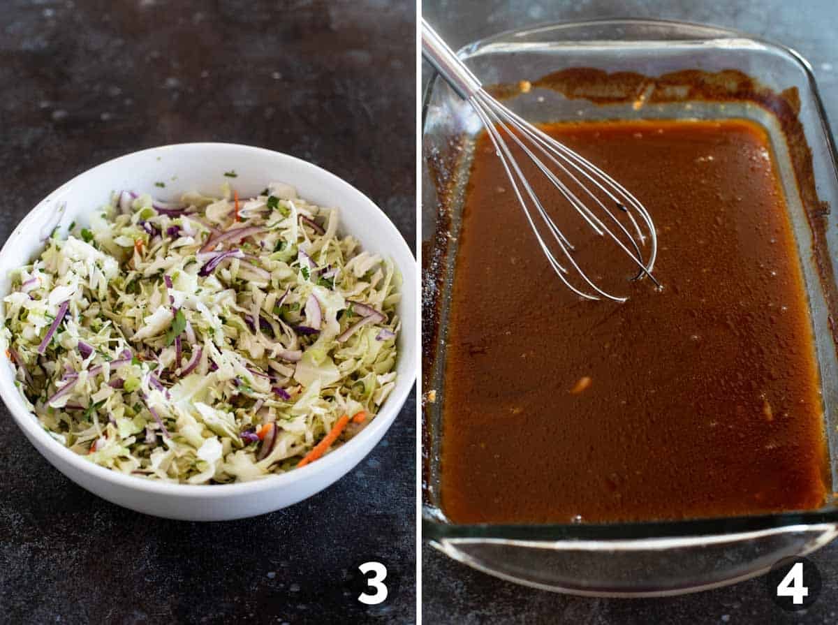 Making slaw and thickening slaw for Honey Garlic Chicken Tacos.