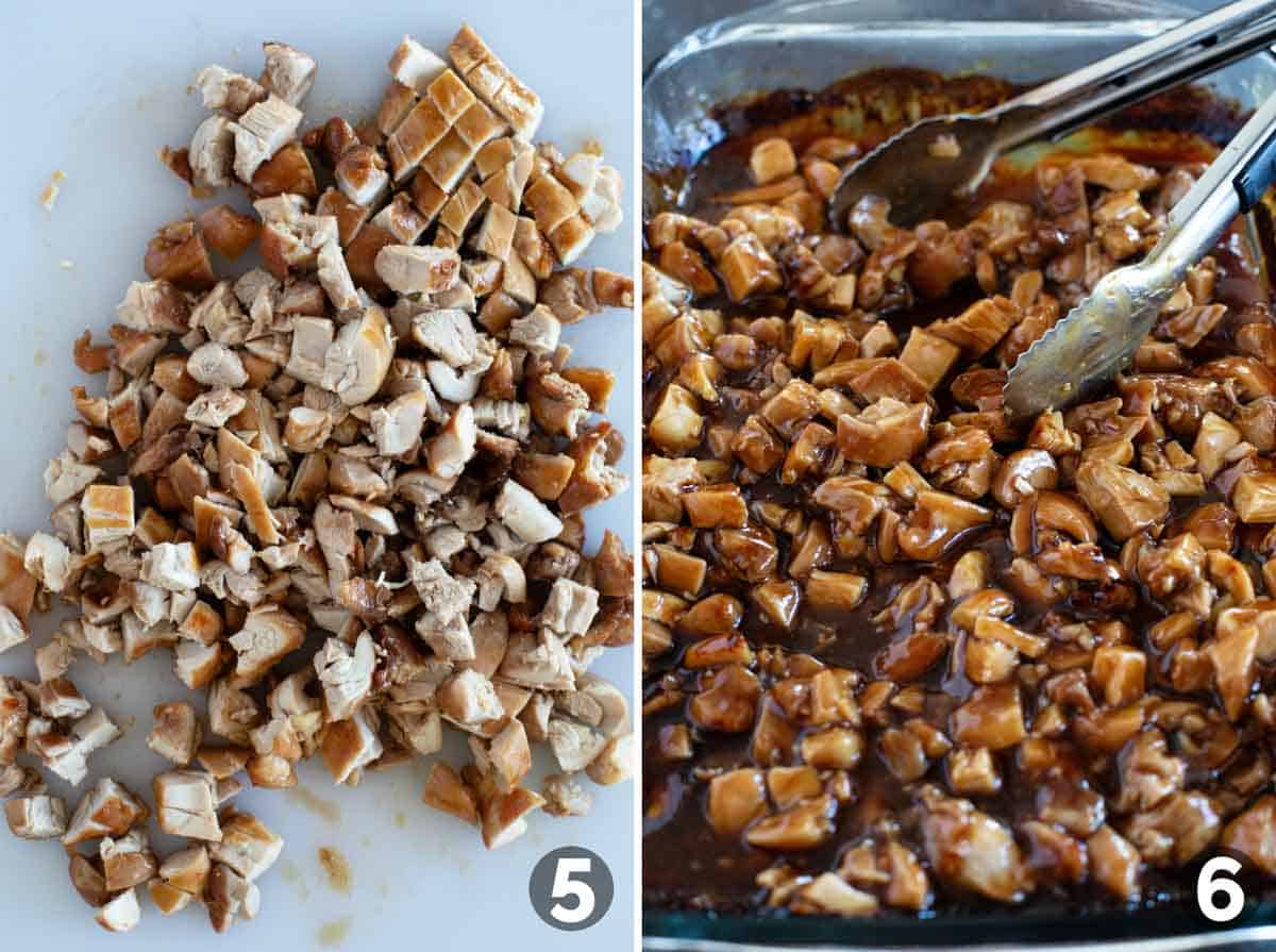 Cooked chicken cut into pieces and stirred into sauce.