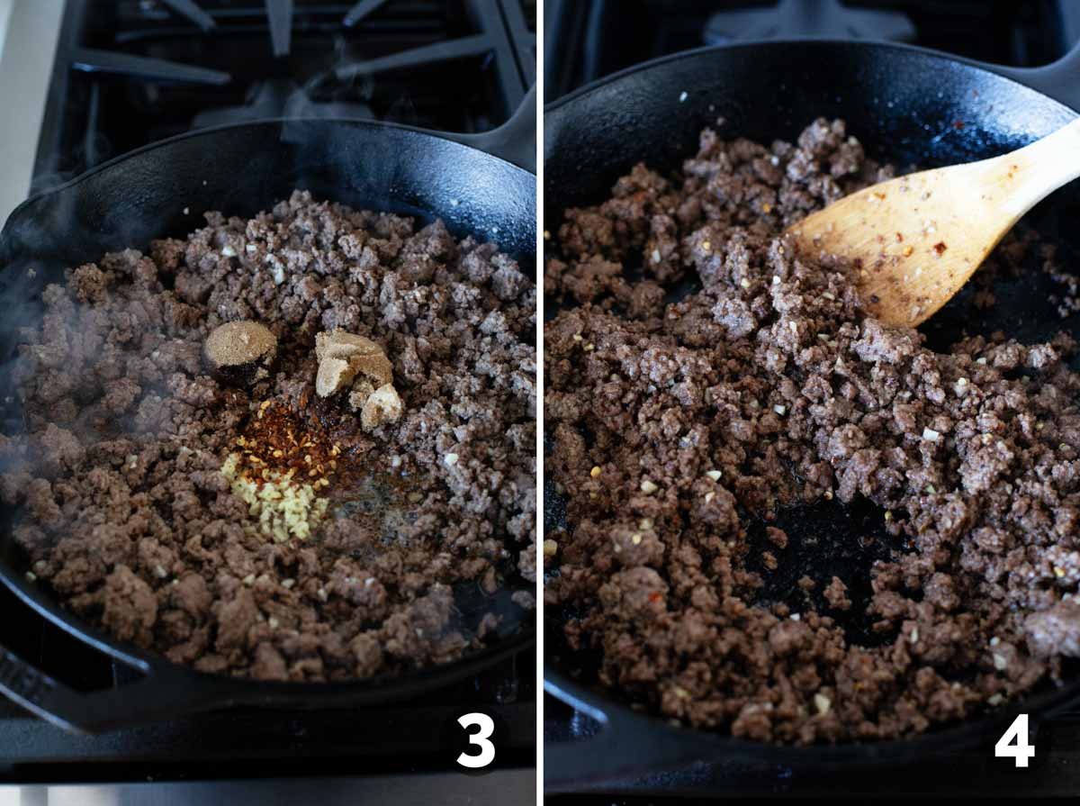 Seasoning beef and cooking down for Korean Beef Bowls.
