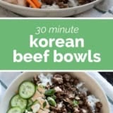 Korean Beef Bowls collage with text bar in the middle.