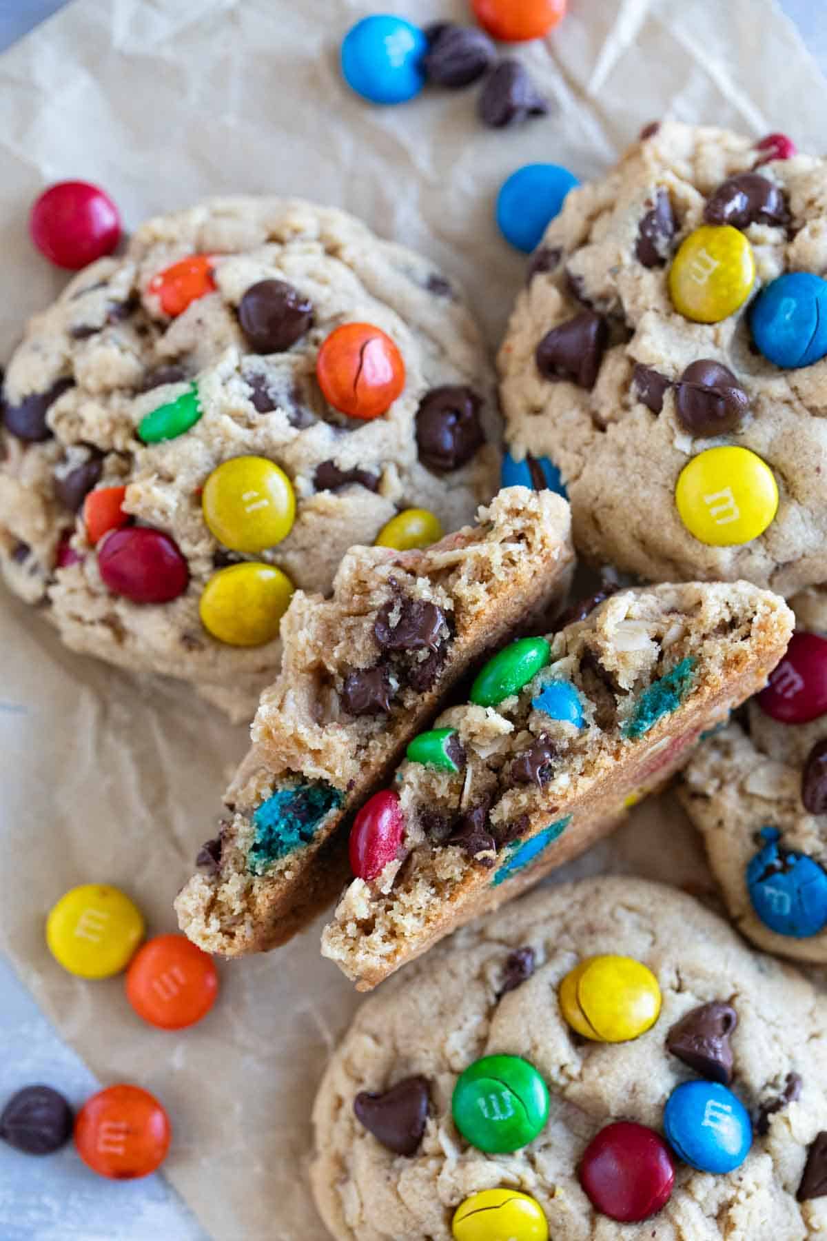 Monster Cookie broken in half to show texture.