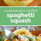 Southwestern Stuffed Spaghetti Squash collage with text bar in the middle.