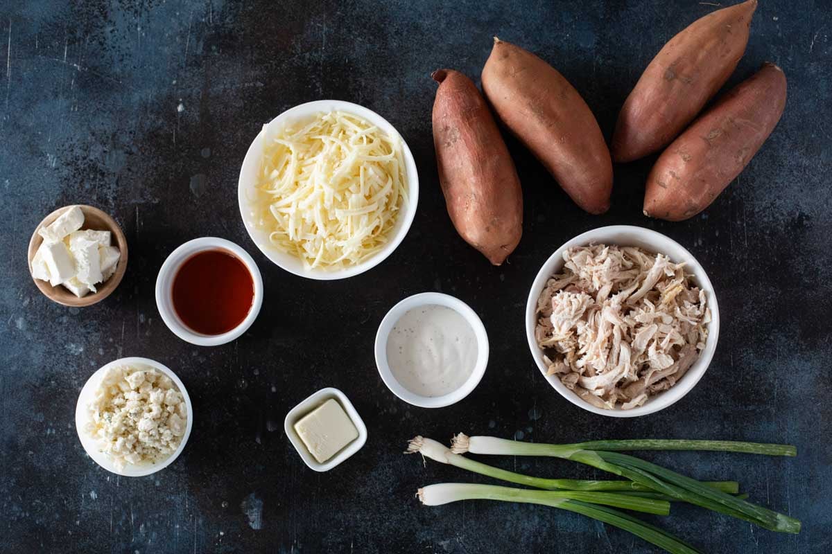 Ingredients for Twice Baked Buffalo Chicken Sweet Potatoes.