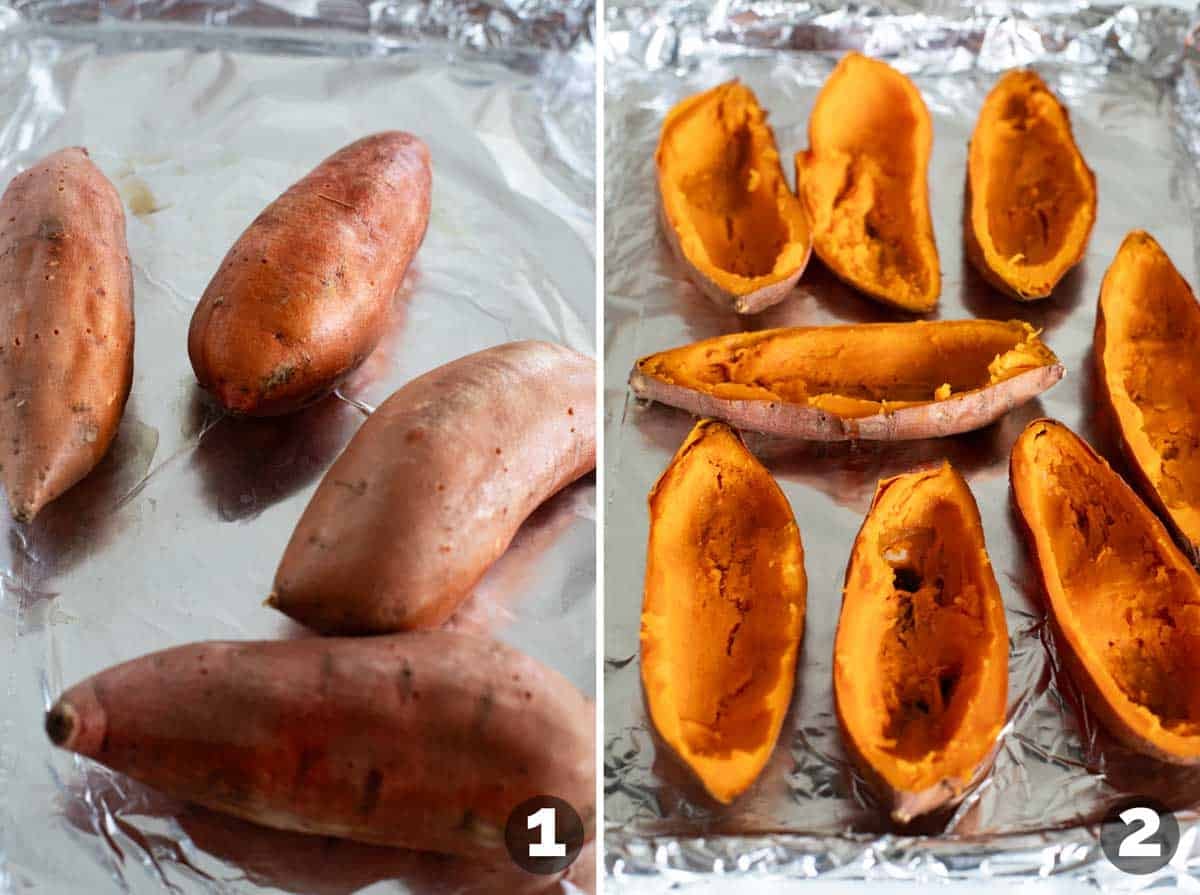 Roasting sweet potatoes and removing filling.