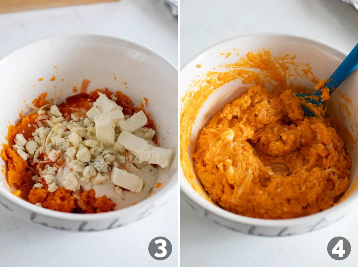 Mixing filling for twice baked buffalo chicken sweet potatoes.