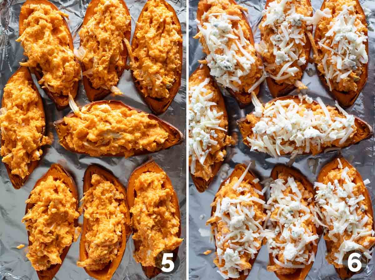 Filling potato skins and topping with cheese.