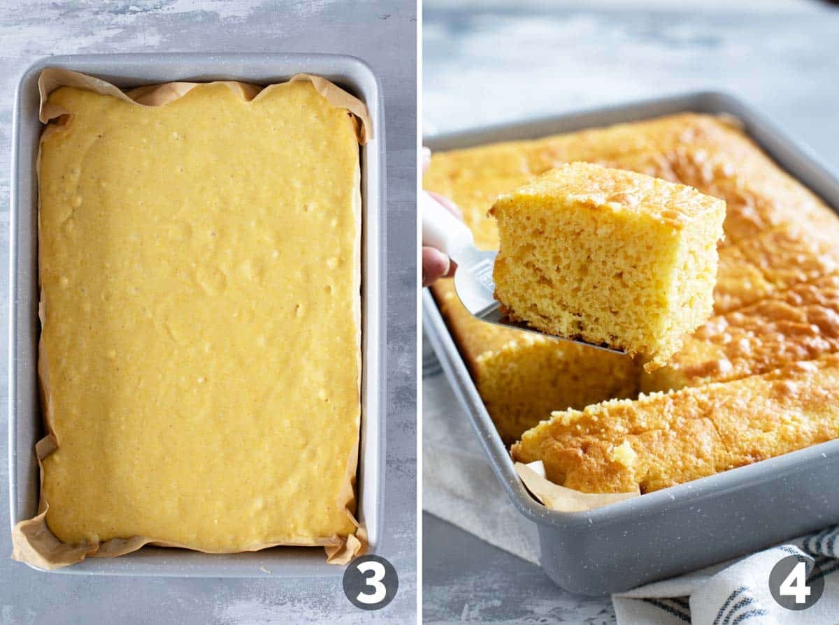 Putting bater in a pan, and cutting slices of cornbread.
