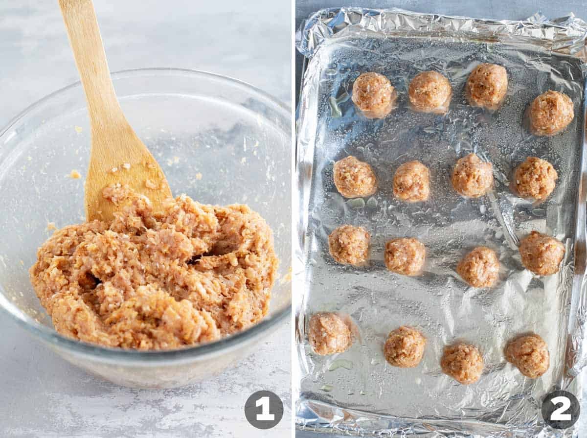 Mixing ingredients for meatballs and rolling into balls and placing on a baking sheet.