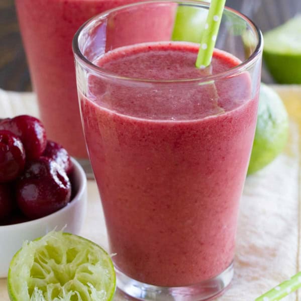 Two glass of Cherry Coconut Smoothie with 3 ingredients.