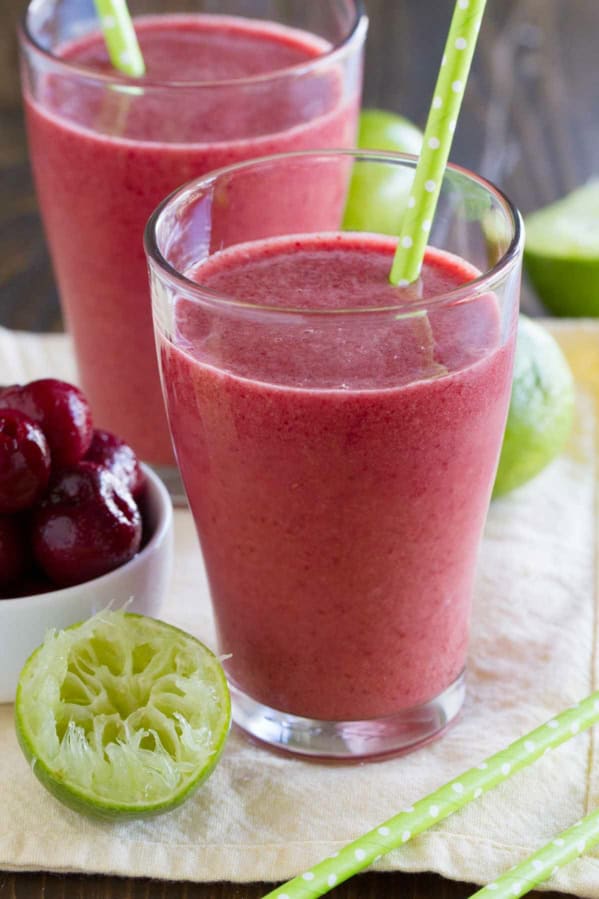 Two glass of Cherry Coconut Smoothie with 3 ingredients.