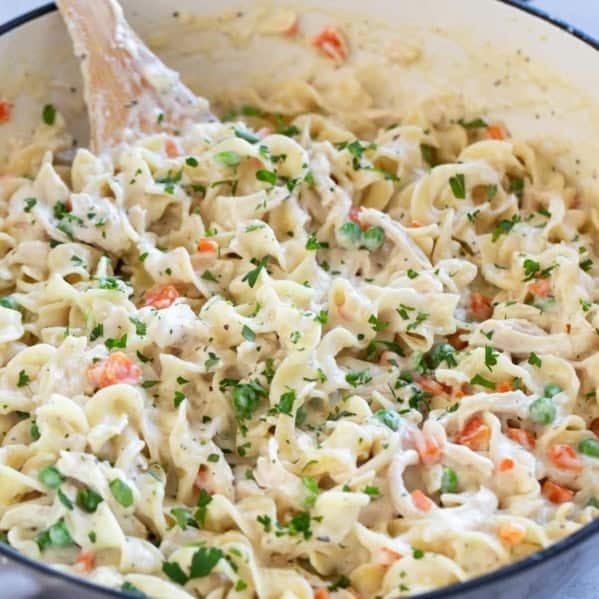 Chicken Pot Pie Pasta in a skillet, topped with parsley.