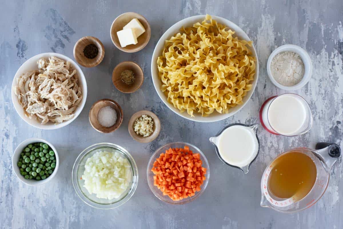 Ingredients for Chicken Pot Pie Pasta.