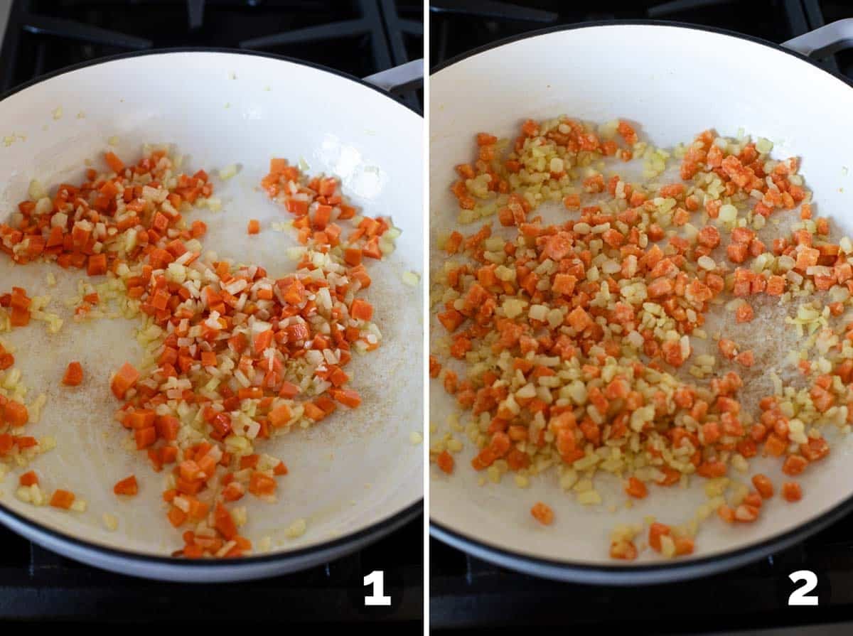 Sautéing vegetables and adding flour.